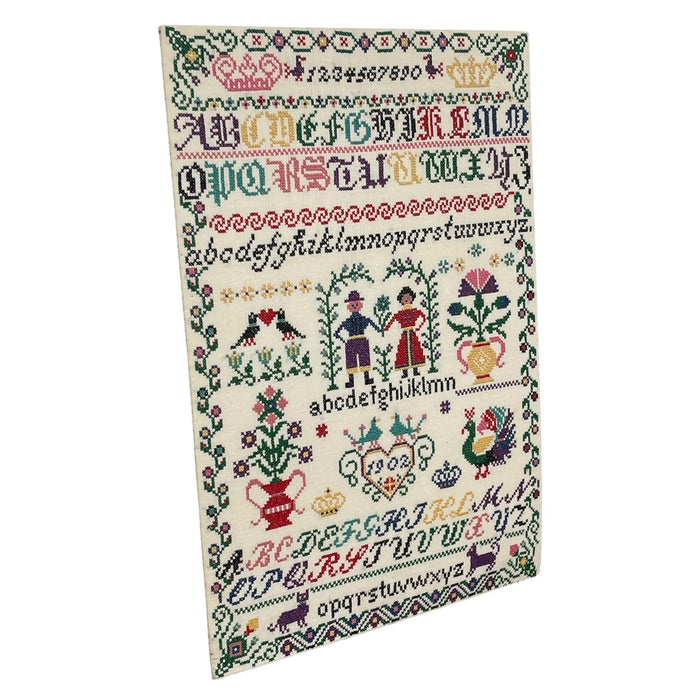 Vintage Hand-Stitched Cross Stitch Alphabet Sampler Needlework Folk Art Textile