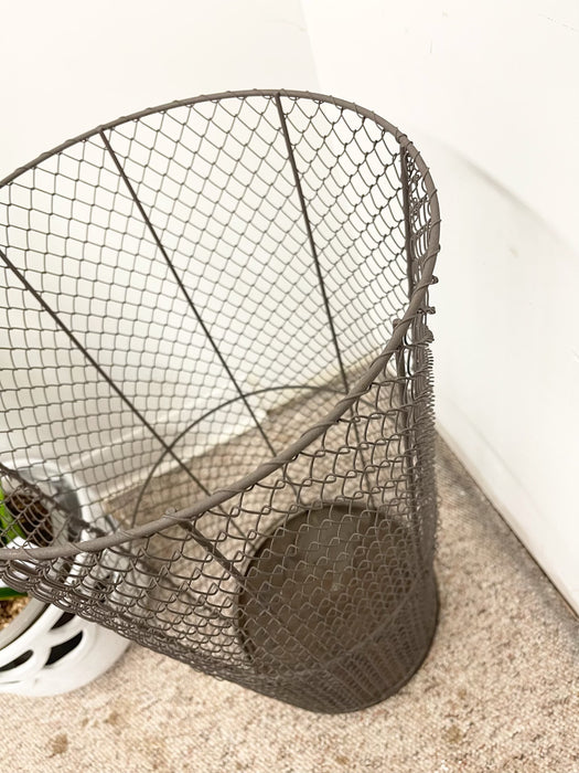 Vintage Industrial Wire Mesh Metal Trash Can / Waste Basket - Tapered Cylindrical Open-Top Bin