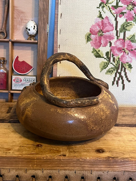 Vintage Handmade and signed Cat Bowl with handle.