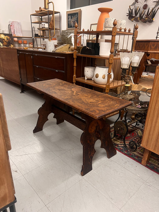 Antique Pyrography Trestle Wood Folk Art Decorative Bench or Accent Entryway Table UK Import