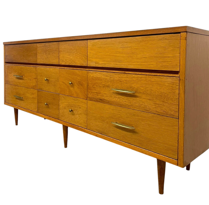 Vintage Mid Century Modern Credenza Dresser with 12 Drawers, Tapered Legs and Brass-Toned Hardware