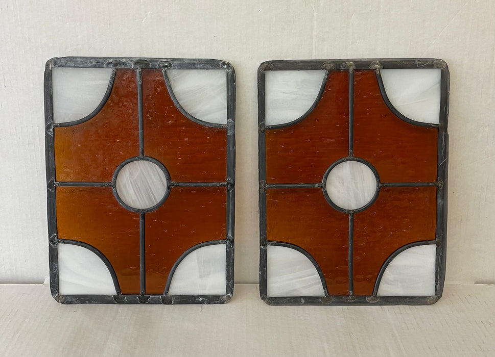 Pair of Vintage Amber and White Stained Glass Window Panels