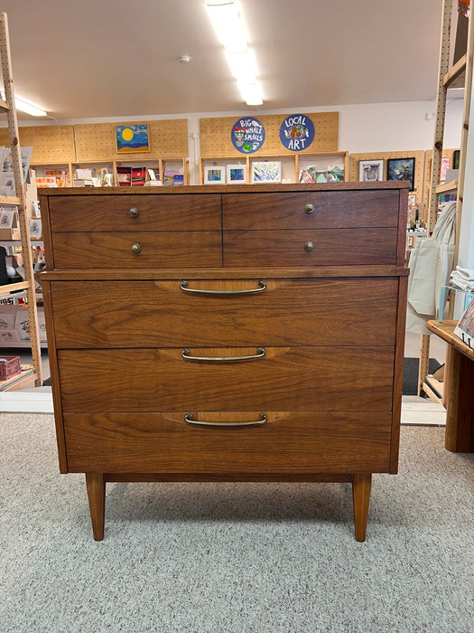 Vintage Mid Century Modern Solid Walnut 4 Drawer Dresser Brass Hardware by Lane Furniture Altavista Line