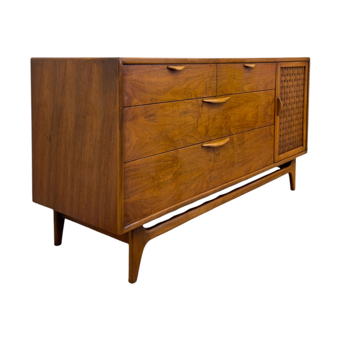 Vintage Mid Century Modern Lane Perception Walnut Lowboy Dresser Credenza with Basketweave Door.