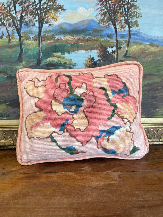 Handmade Needlepoint Floral Pillow with Pink Corduroy Backing - Accent Cushion, Made in Seattle