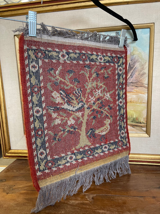 Vintage Handwoven Small Rug with Birds and Tree Motif, Folk Art Accent Mat.