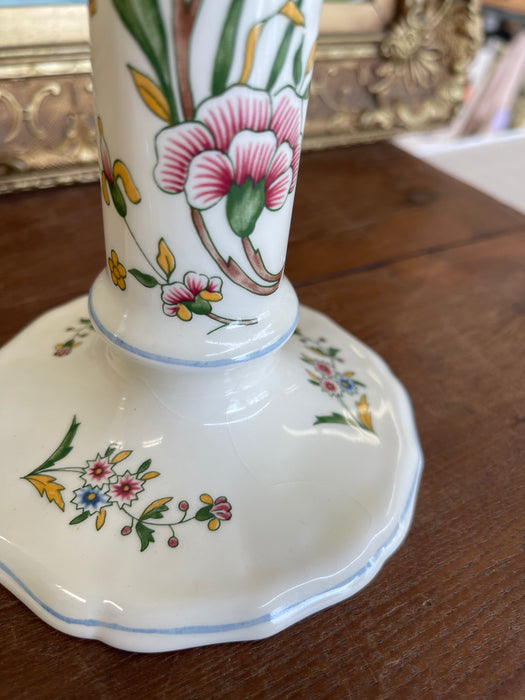 Pair of Hand-Painted French chinoiserie Style Gien France Ceramic Candlesticks - Floral Motif, Stamped