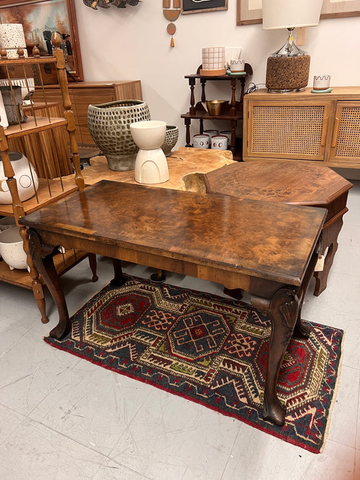 Antique Chippendale Style Solid Wood Coffee Table with Book Matched Walnut Burl Top and Carved Wood Legs. UK Import.