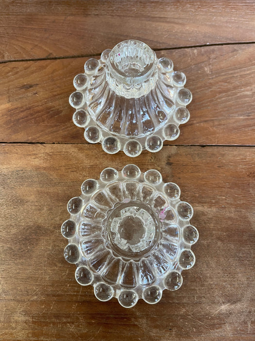 Vintage Pressed Glass Candle Holders with Hobnail Edge, Set of Two