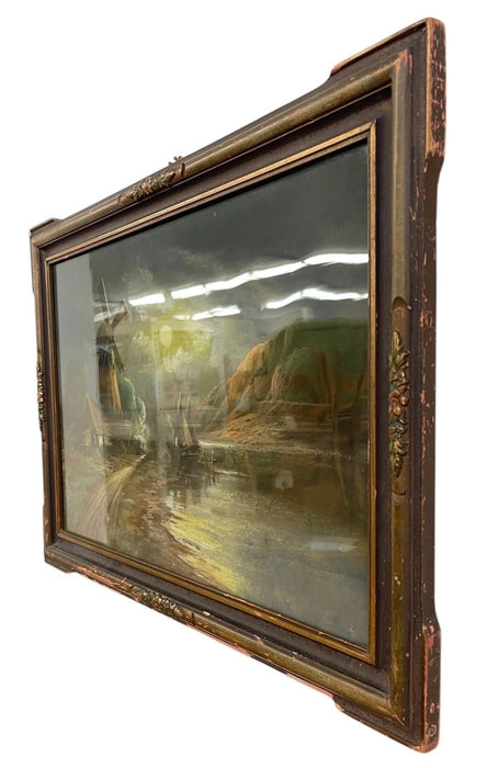 Vintage Framed Moonlit Windmill Landscape Painting with Coastal Harbor Scene