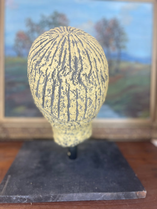 Textured Vintage Papier-Mâché Head Sculpture with hand-painted detailing on Custom stand.