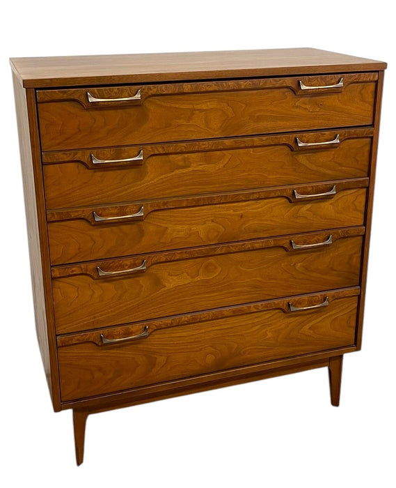 Vintage Mid Century Modern Four Drawer Dresser with Sculpted Drawer Fronts and Brass-Toned Pulls