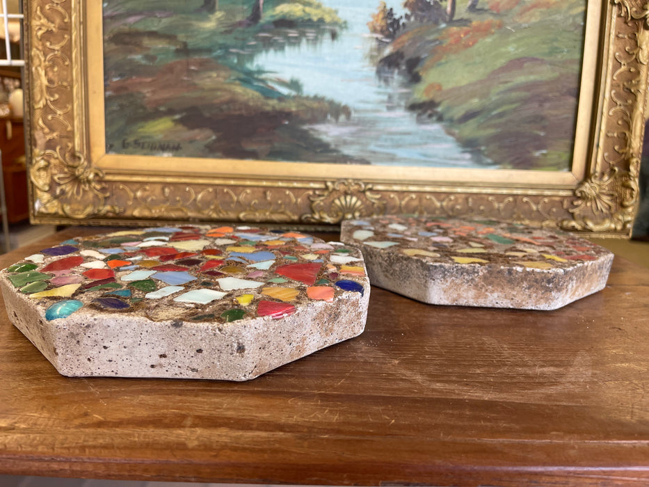 Pair of Vintage Mosaic Glass and Concrete Octagonal Stepping Stones