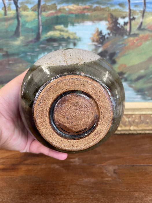Vintage Studio Pottery Jar with Glazed Bird Silhouette and Earthy Green Finish