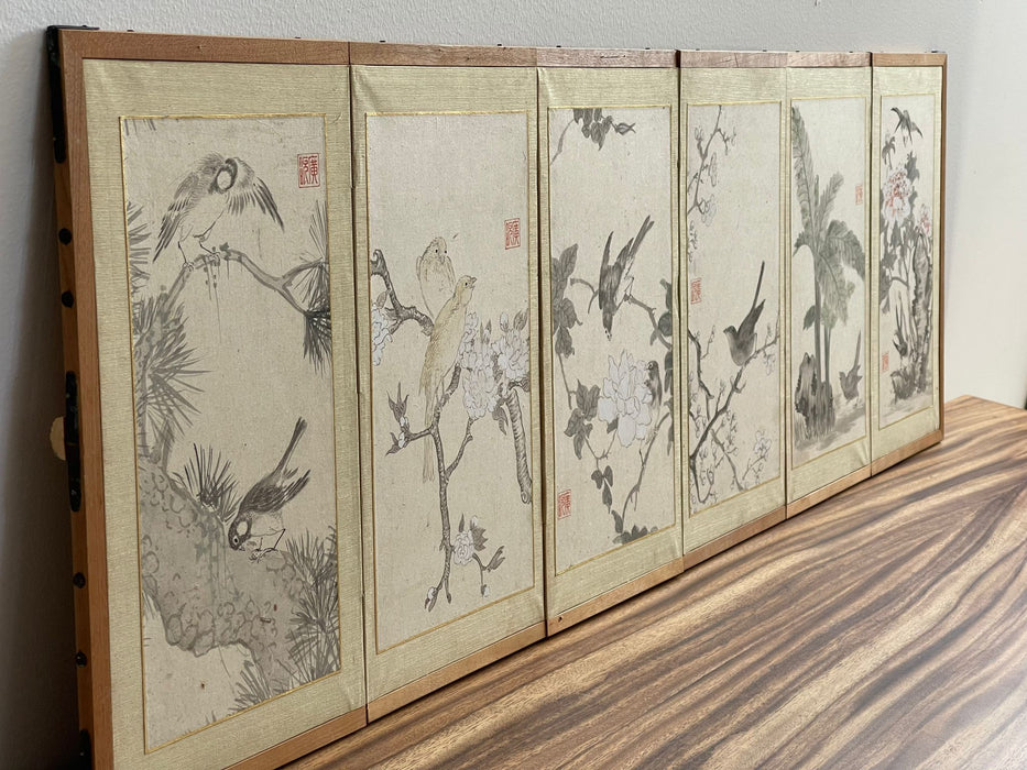 Vintage Framed and Signed Japanese 6 Panel Painting Within Wooden Frame.