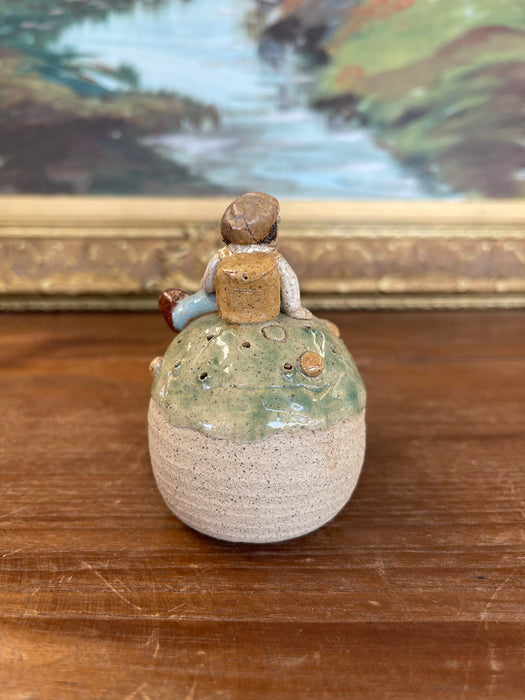 Handmade Studio Pottery Incense Holder with Seated Figure Sculpture, Signed
1976