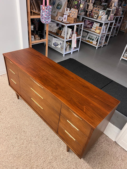 Vintage Mid Century Modern Solid Walnut 9 Drawer Dresser and a 5 Drawer Chest Set by Kent Coffey.