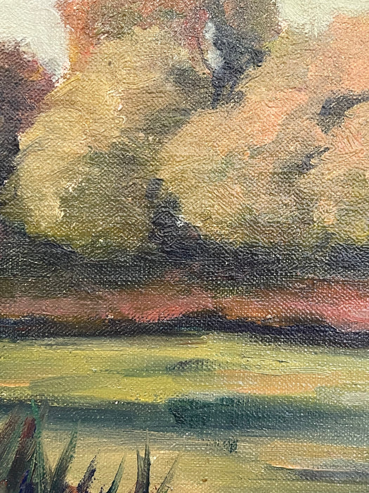 Signed Landscape Painting of Pond with Autumn Trees in Wood Frame