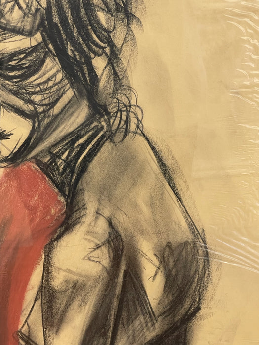 Vintage Charcoal Portrait Drawing of a Woman on Paper, Modern Figurative Artwork