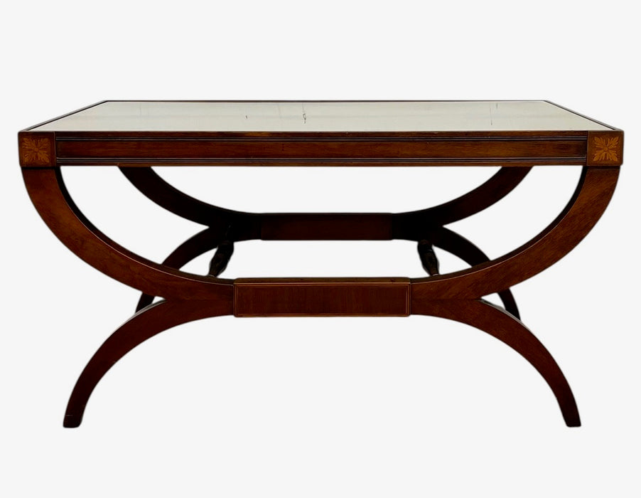 Vintage Neoclassical Style Coffee Table with Removable Glass Top, Curved Saber Legs and Floral Inlay Accents