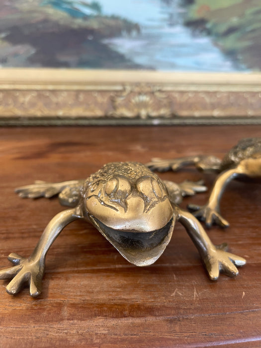 Pair of Vintage Brass Toned Crouching Frog Sculptures with Open Mouth and Textured Detailing.