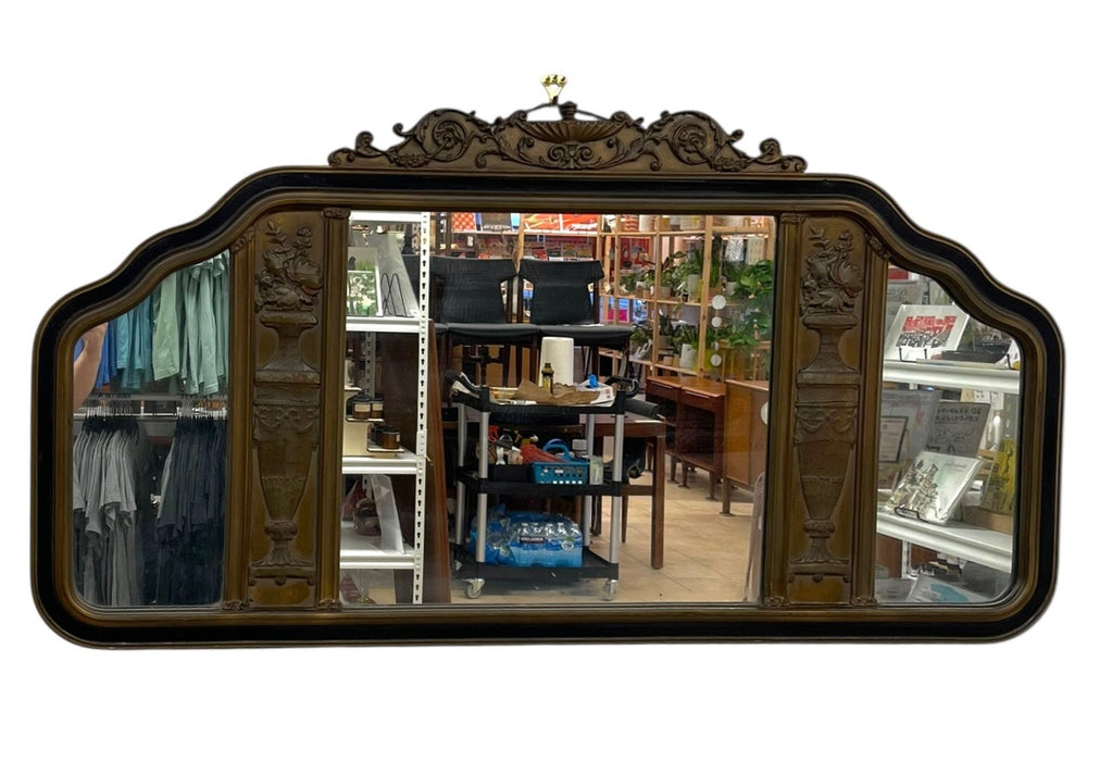 Antique Carved Wood Overmantel Mirror with Floral Urn Motifs and Scrolled Crest.