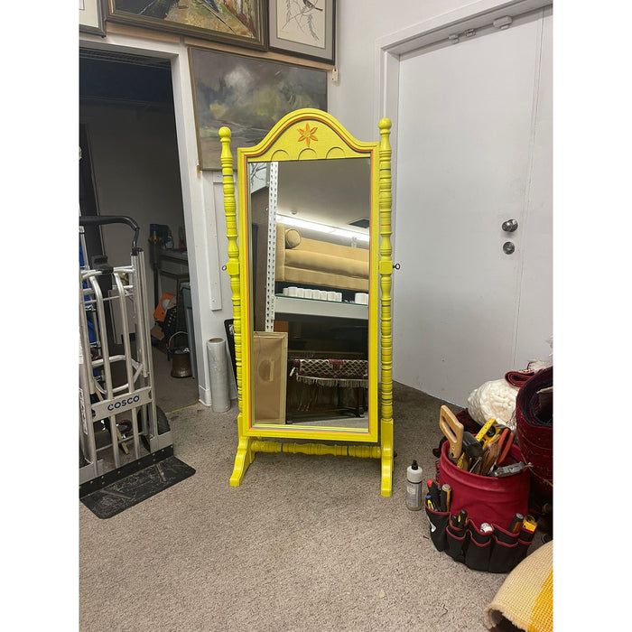 Vintage Retro Style Yellow Floor Mirror Carved Wood