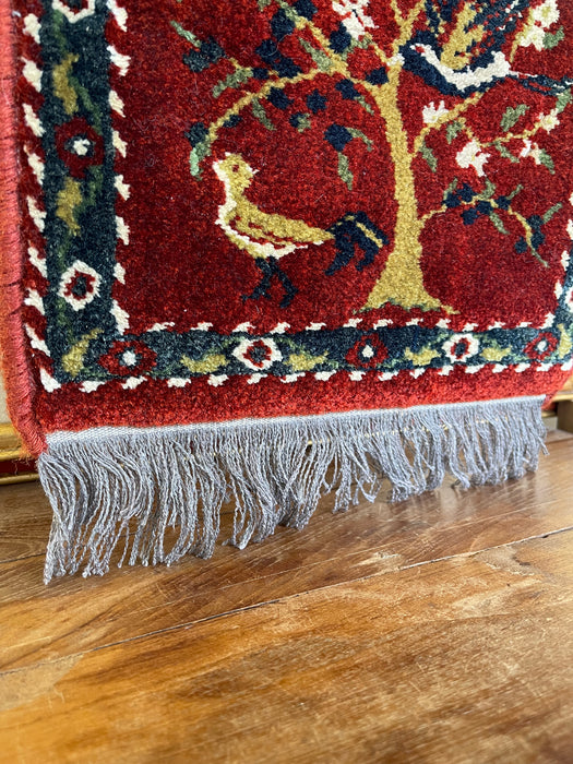 Vintage Handwoven Small Rug with Birds and Tree Motif, Folk Art Accent Mat.