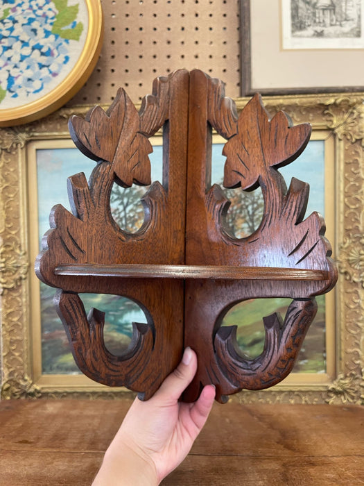 Vintage Ornate Hand Carved Wooden Corner Hanging Shelf With Leaf Motif.