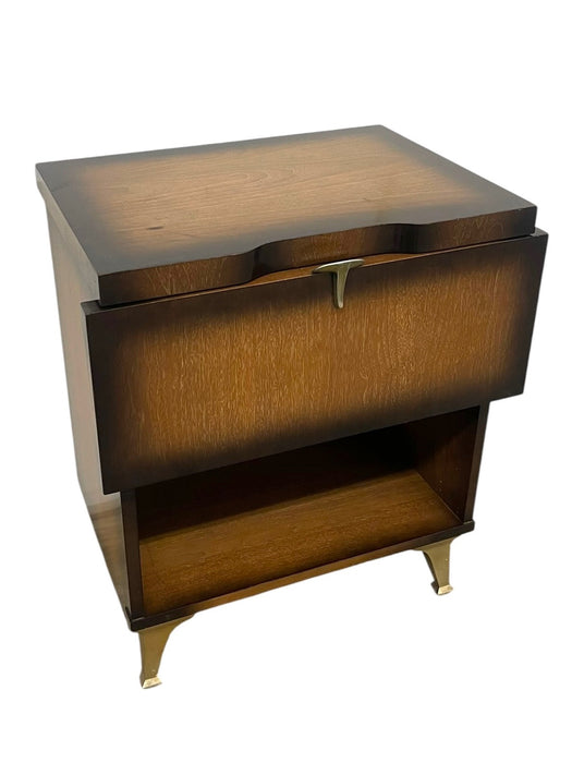 Vintage Mid-Century Modern Drop-Front Nightstand / Bedside Cabinet with Interior Drawer and Brass-Toned Legs