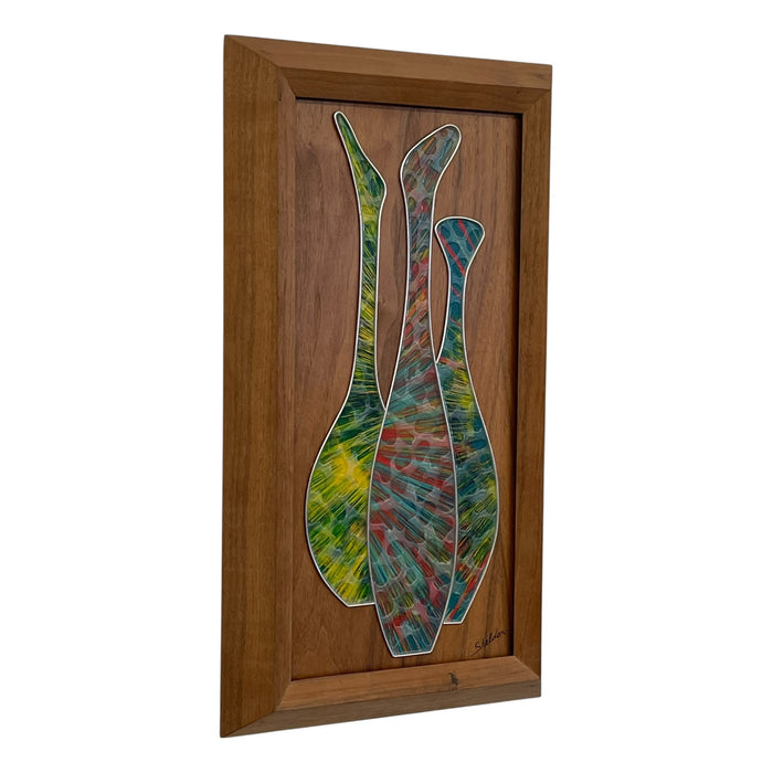Vintage Mid-Century Modern Abstract Mixed Media Wall Art by Sheldon in Walnut Toned Frame