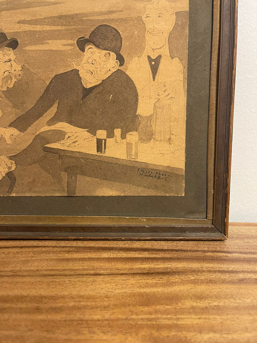 Vintage Framed and Signed Original Artwork of Men Sitting at a Table