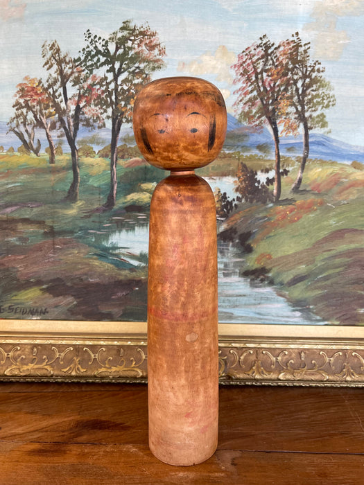 Vintage Japanese Kokeshi Doll with Hand-Painted Floral Detail and Carved Wood Base