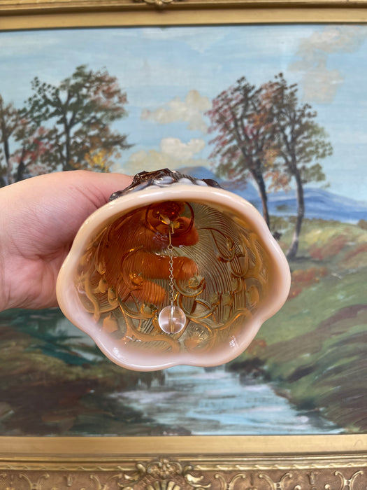 Vintage Amber and White Cased Art Glass Bell with Figural Handle