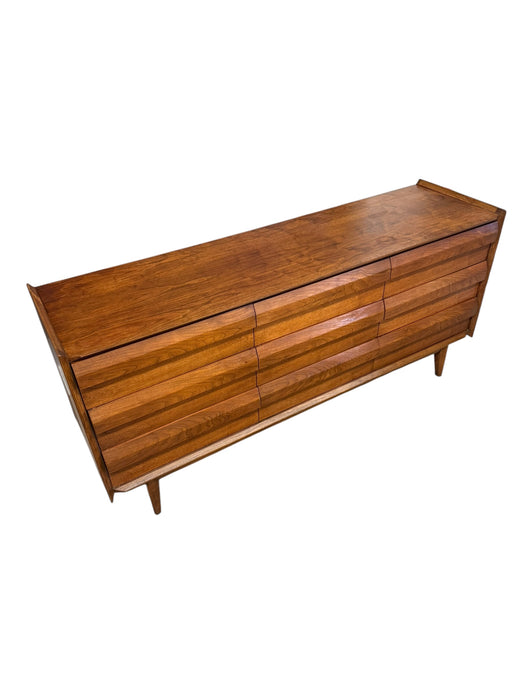 Vintage Mid Century Modern Solid Walnut 9 Drawer Dresser by Lane First Edition