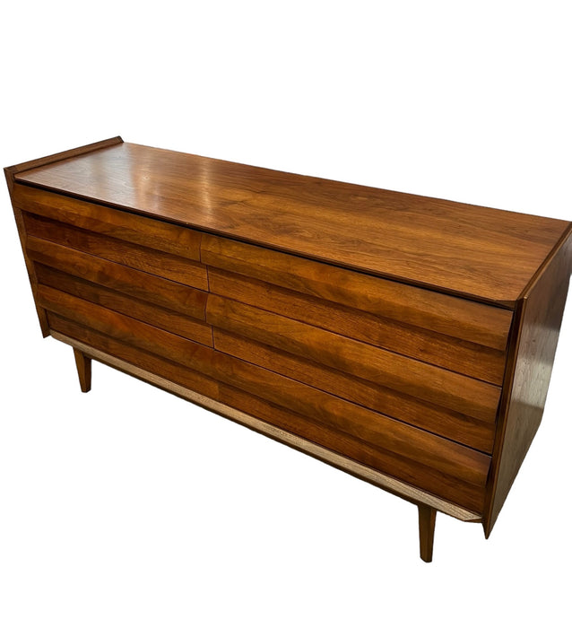 Vintage Mid Century Modern Lane Walnut First Edition Six Drawer Dresser Dovetailed Drawers