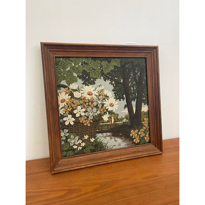 Vintage Kay Dee Floral Linen Print Within Wooden Frame