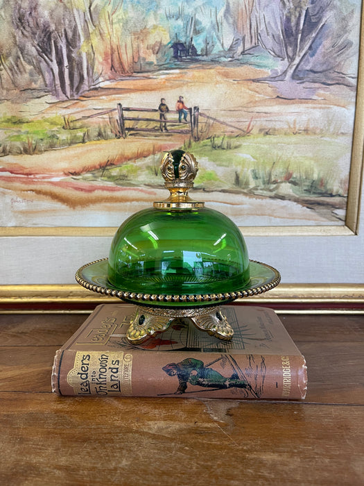 Vintage Green Glass Covered Candy Dish with Pedestal Base and Brass-Toned Mount