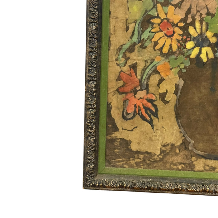 Vintage Signed Floral Still Life Mixed Media Painting on Textured Board in Ornate Frame Possible Batik Print.