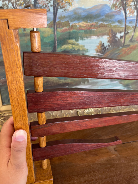 Vintage Wooden Swing-Arm Wall-Mounted Quilt or Towel Rack in Likely Oak and Mahogany.