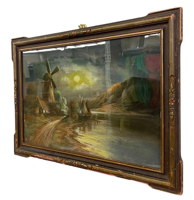 Vintage Framed Moonlit Windmill Landscape Painting with Coastal Harbor Scene