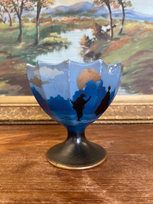 Vintage English Hand-Painted Pedestal Vase with Scenic Silhouette, Marked Made in England