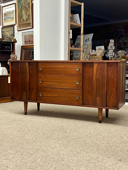 Vintage Mid Century Modern Walnut Wood Credenza Buffet 3 Drawers with Milled Metallic Knobs