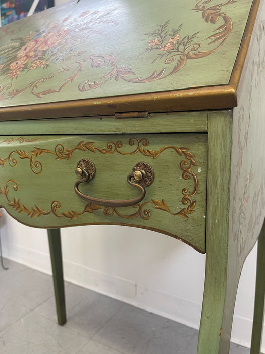 Vintage French Regency Style Bureau Desk With Hand Painted Floral Motif With Chair. Set of 2