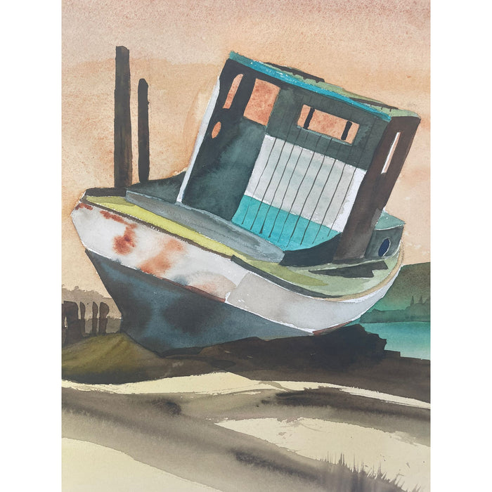 Vintage Landscape Artwork on Paper of Beached Boat