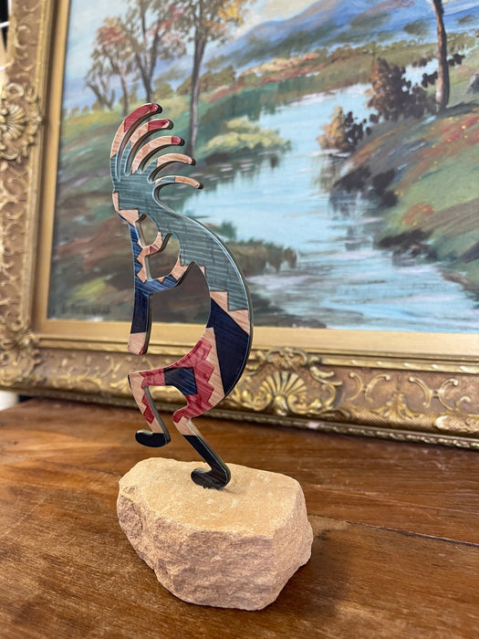 Southwestern Kokopelli Stone Inlay Sculpture on Natural Sandstone Base