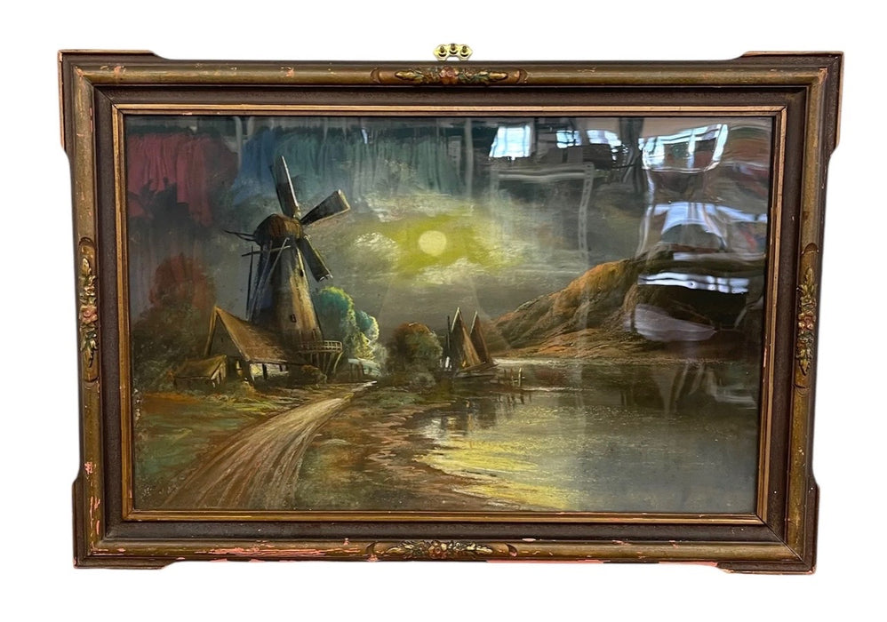 Vintage Framed Moonlit Windmill Landscape Painting with Coastal Harbor Scene