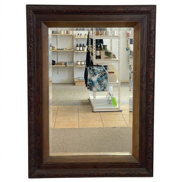 Victorian 1890s UK import Carved Oak Wall Mirror with Beveled Glass and Hanging Chain