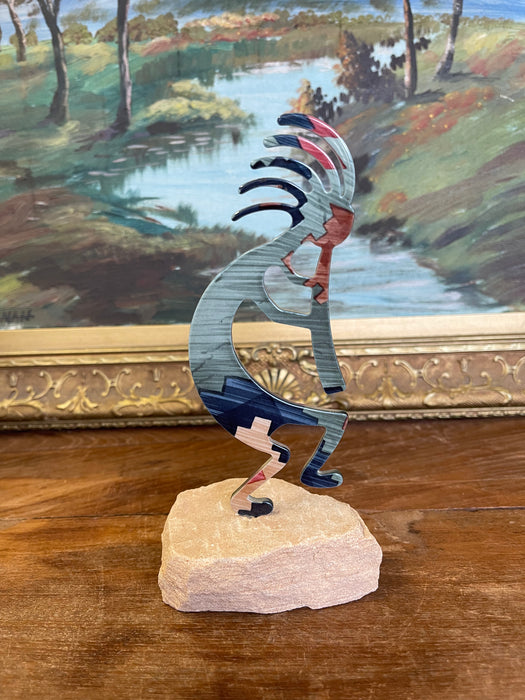 Southwestern Kokopelli Stone Inlay Sculpture on Natural Sandstone Base