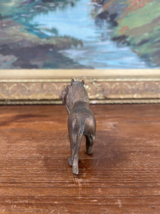 Likely Antique Possibly Hand-Cast Bronze Toned Lion Figurine with Folk Art Styling